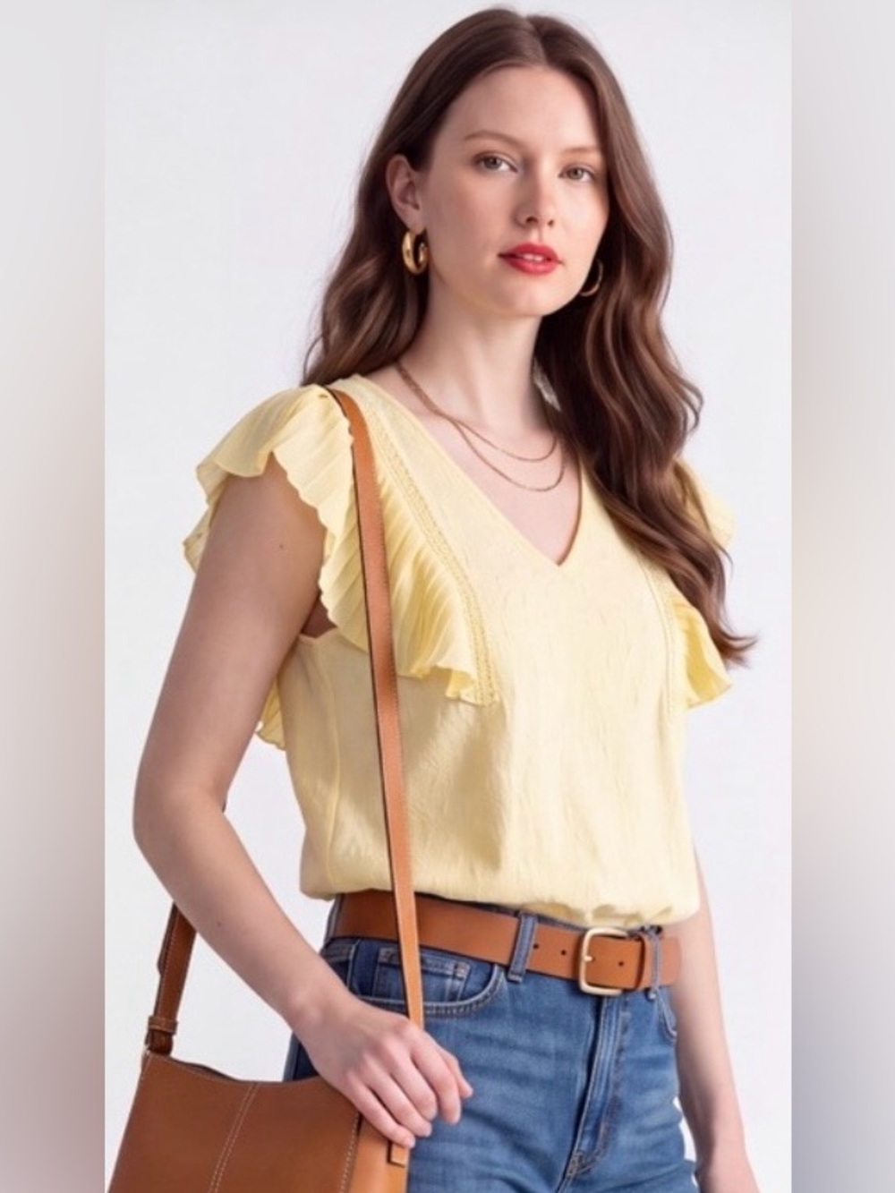 Belldini Lemon Pleated-Ruffle V-Neck Top